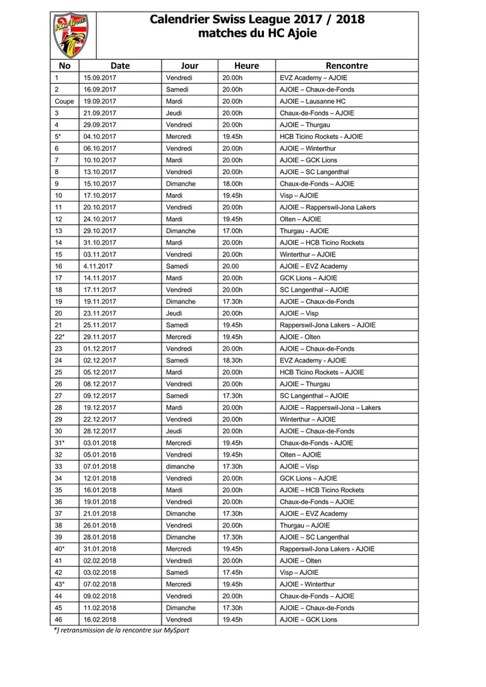 Calendrier HC Ajoie2017-2018
