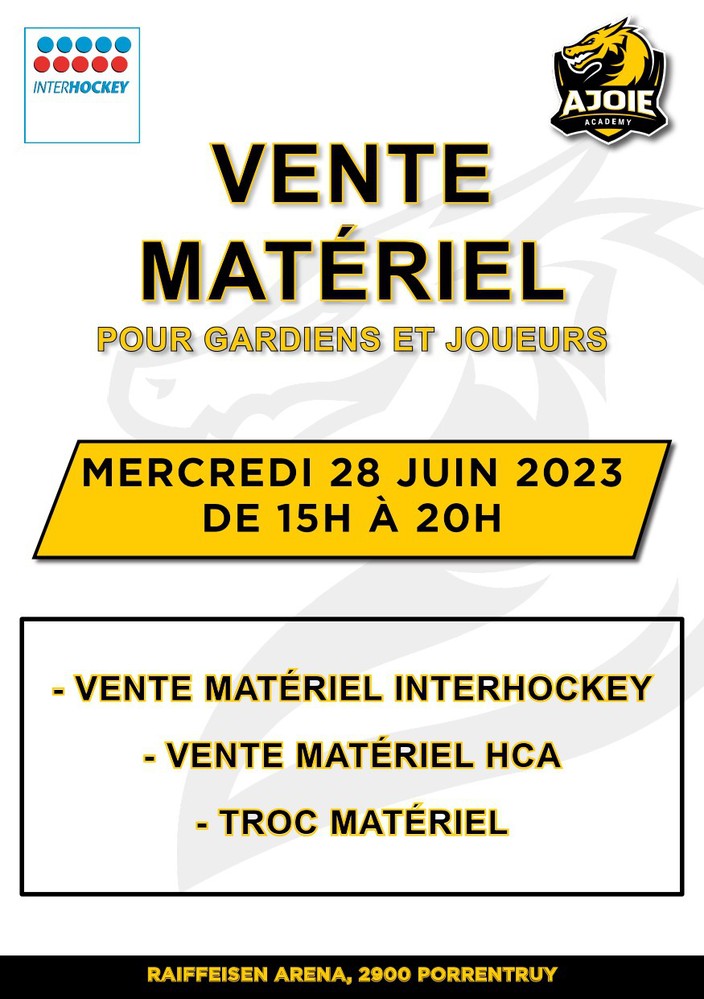 Vente de matériel pour joueurs et gardiens,